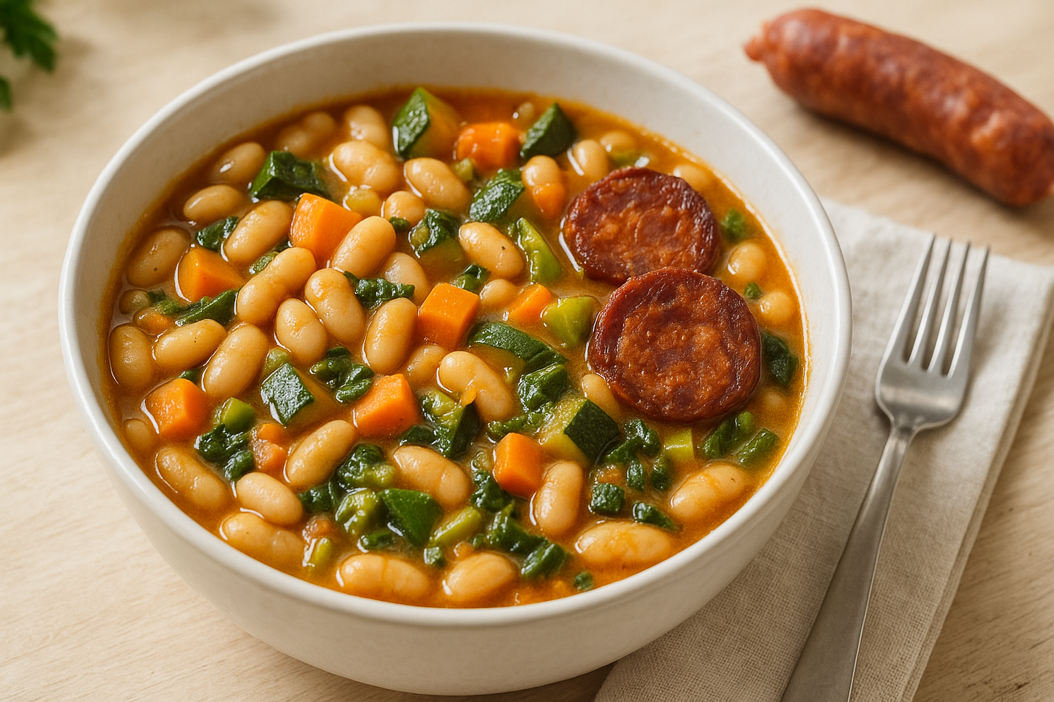 Plato de Alubias con verduras y chorizo en air fryer irresistibles
