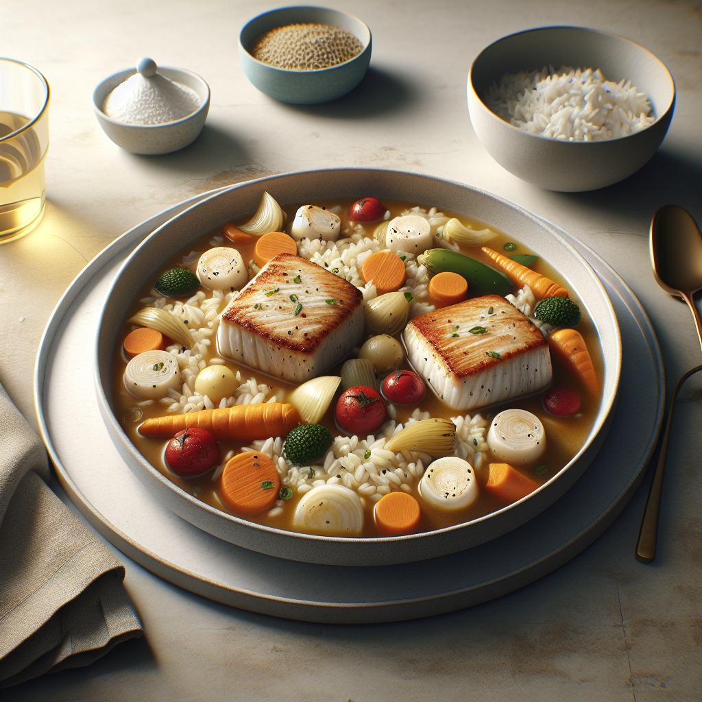 Plato de Arroz Caldoso con Medallones de Merluza y Verduras Congeladas