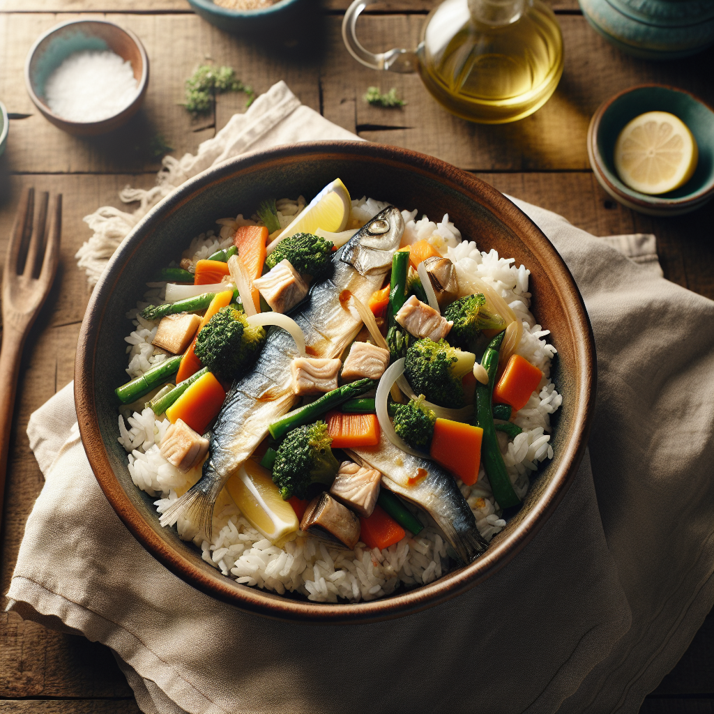 Plato de Arroz con Pescado y Verduras