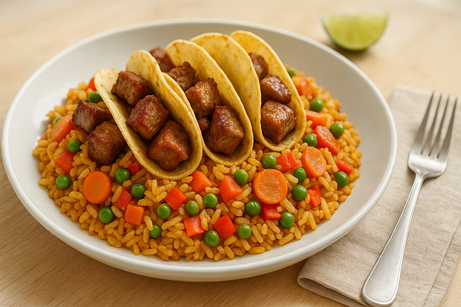 Plato de Arroz con Tacos de Cerdo y Verduras que Sorprende