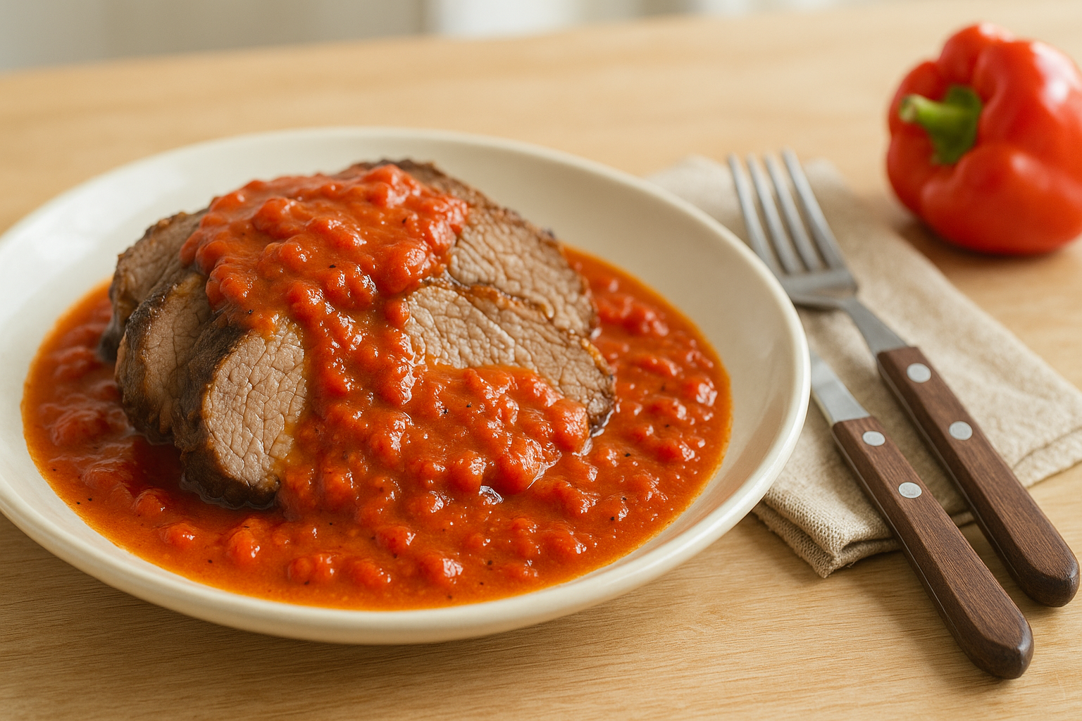 Plato de Asado de Carne con Salsa de Pimientos que Sorprenderá a Todos