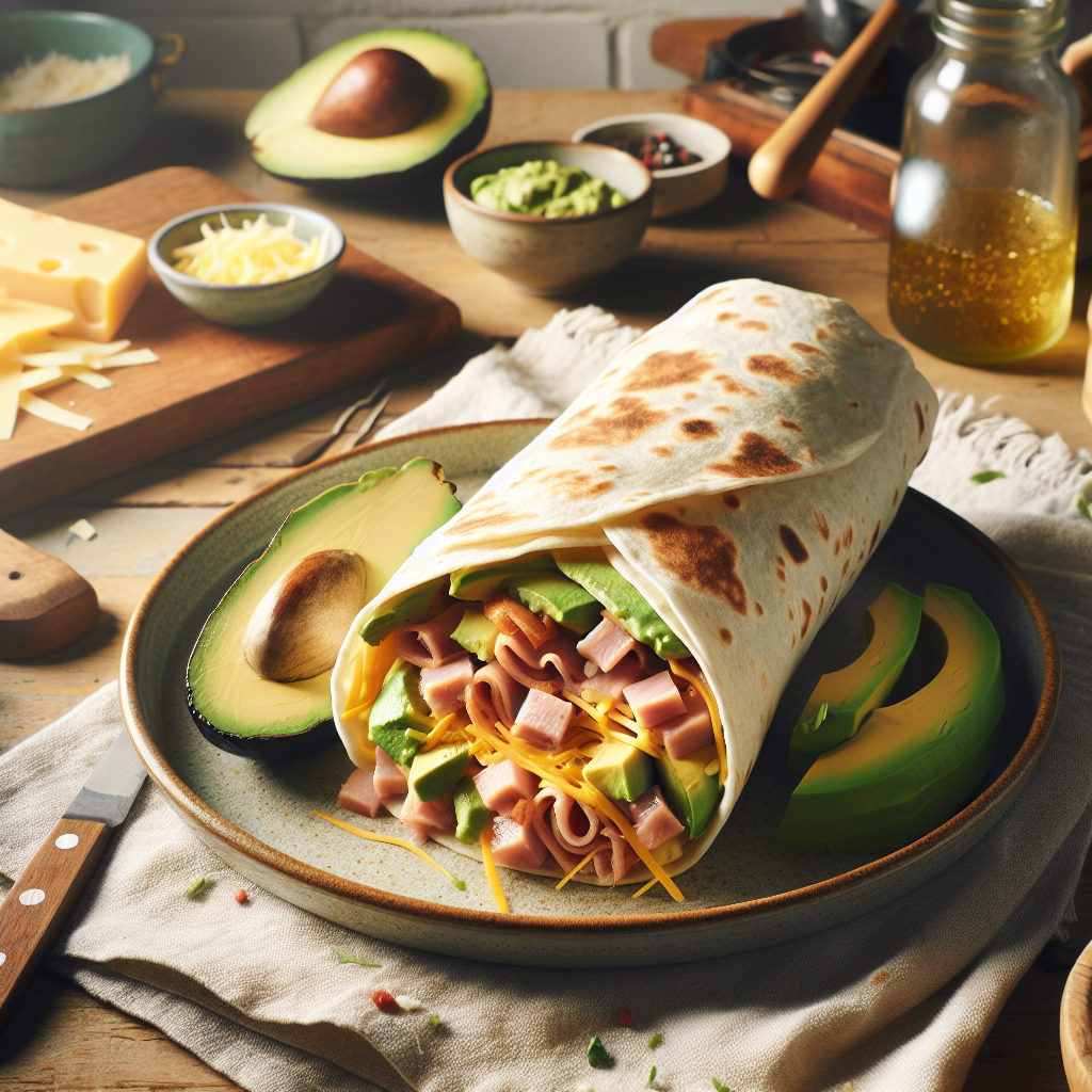 Plato de Burrito de Tortilla Francesa Relleno de Queso, Aguacate, Jamón y Pollo Desilachado