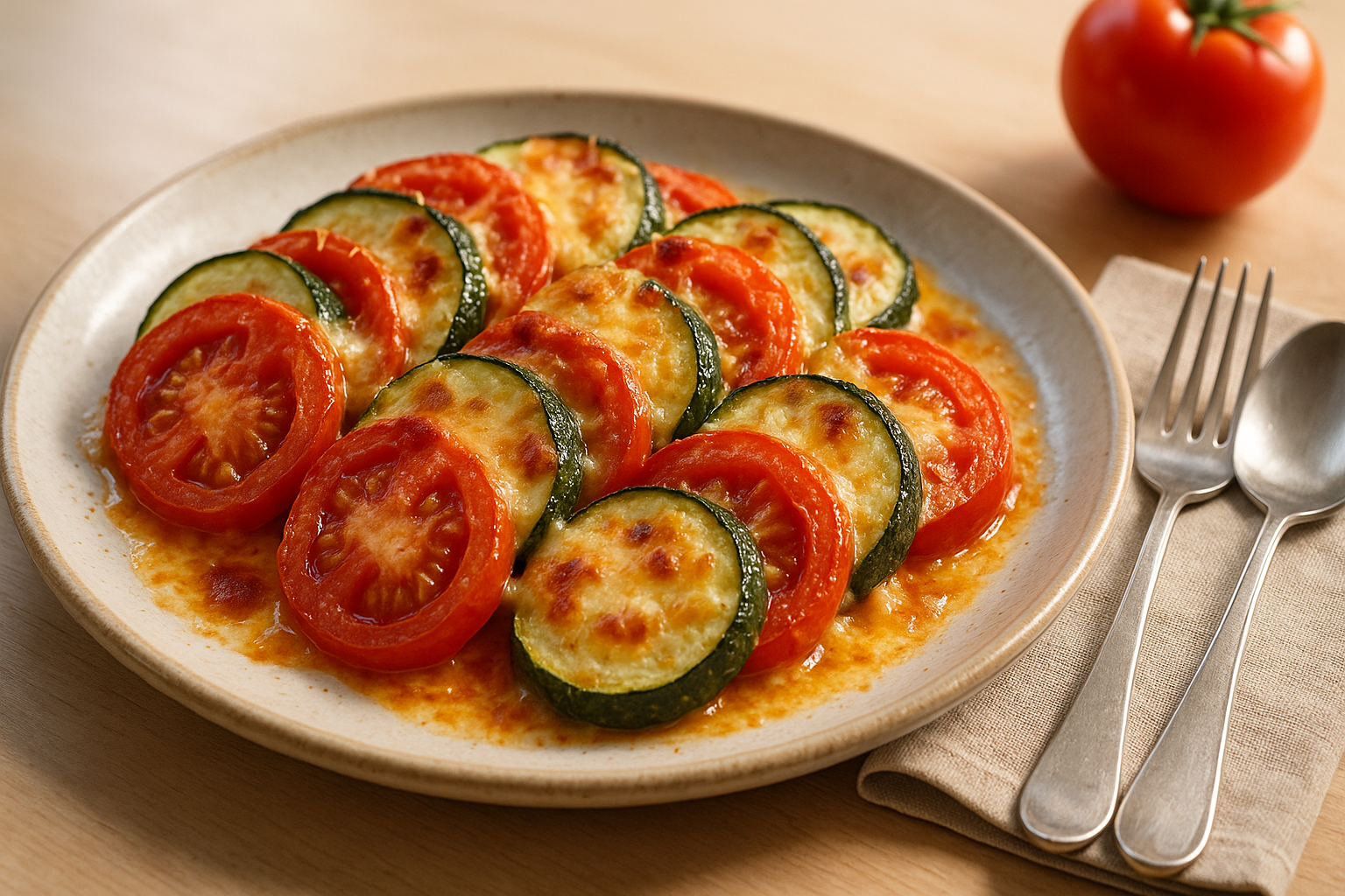 Plato de Calabacín gratinado irresistible con tomate y queso