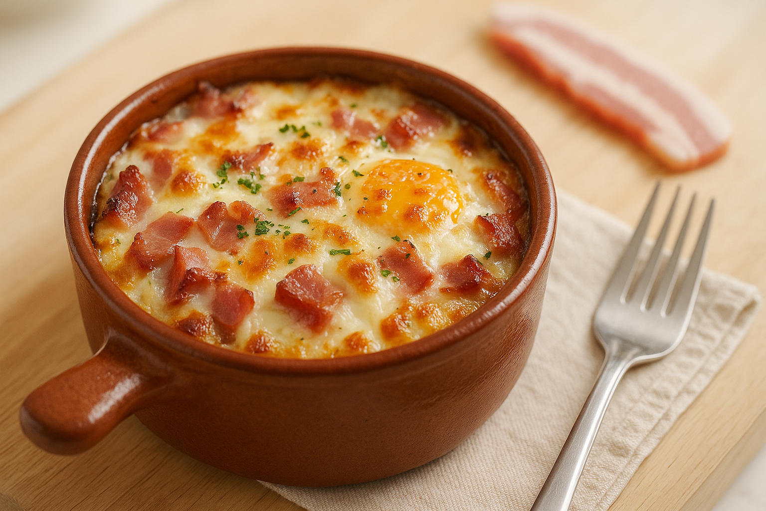 Plato de Cazuelita de Huevos Gratinados con Bacon y Mozzarella en Air Fryer