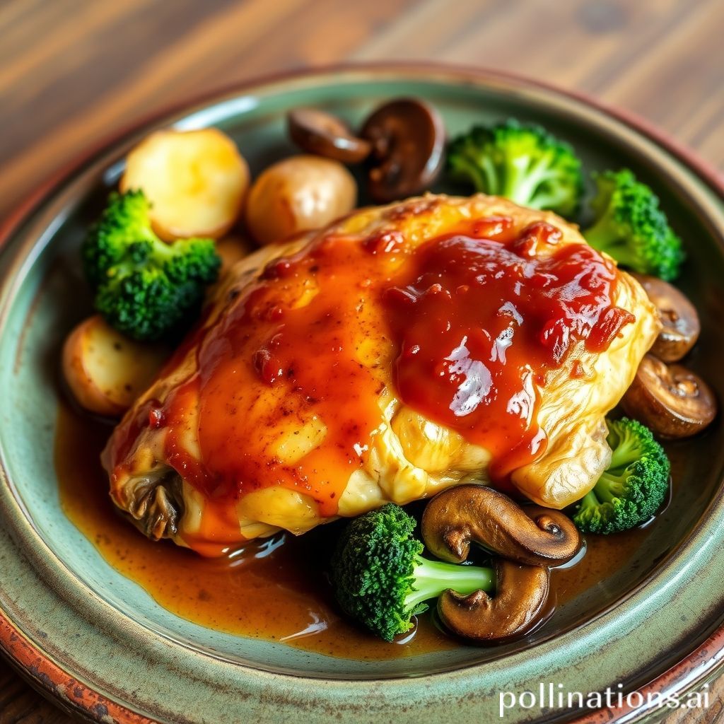 Plato de Contramuslo con Salsa Vizcaína, Patatas, Brócoli y Champiñones