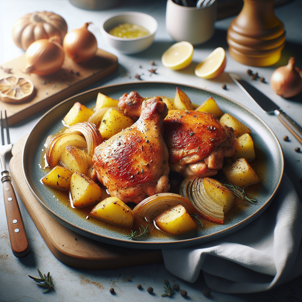 Plato de Contramuslos al horno irresistibles sobre cama de patatas y cebolla