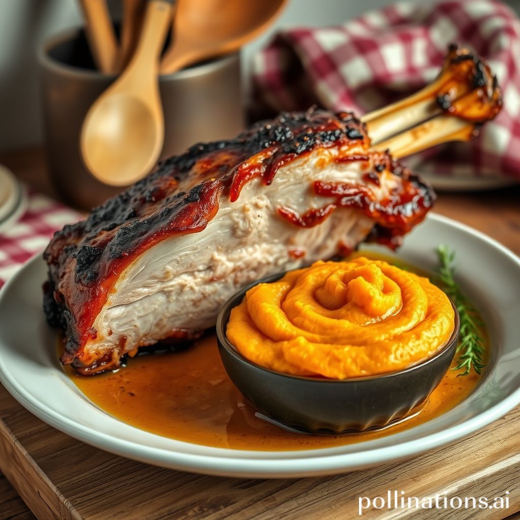 Plato de Costillas de Cerdo al Horno con Puré de Batatas y Ensalada de Col