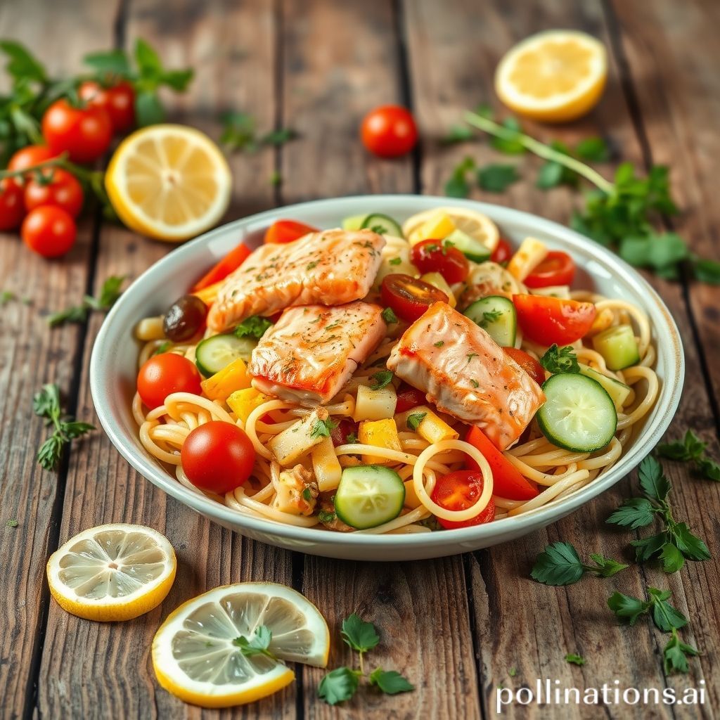 Plato de Ensalada de pasta con salmón marinado