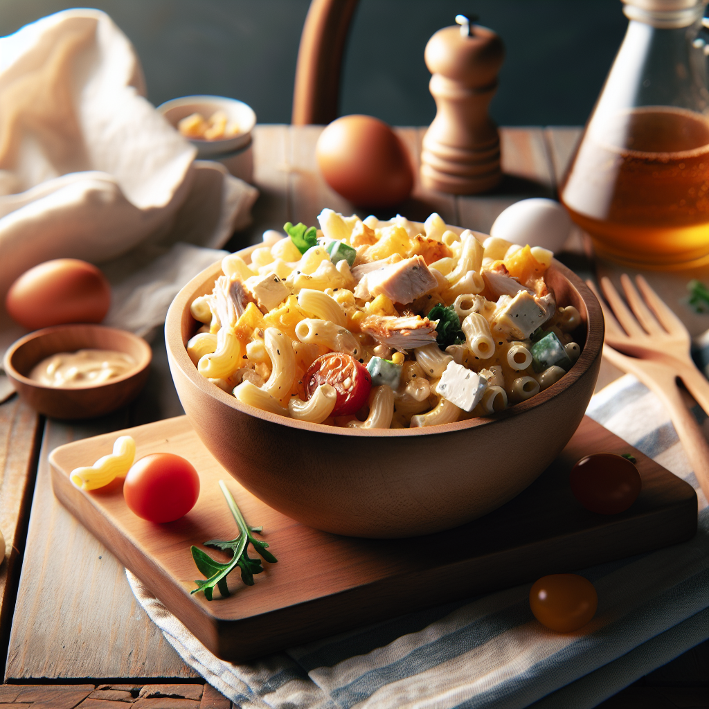 Plato de Ensalada de Macarrones con Queso, Pollo, y Salsa de Miel y Mostaza