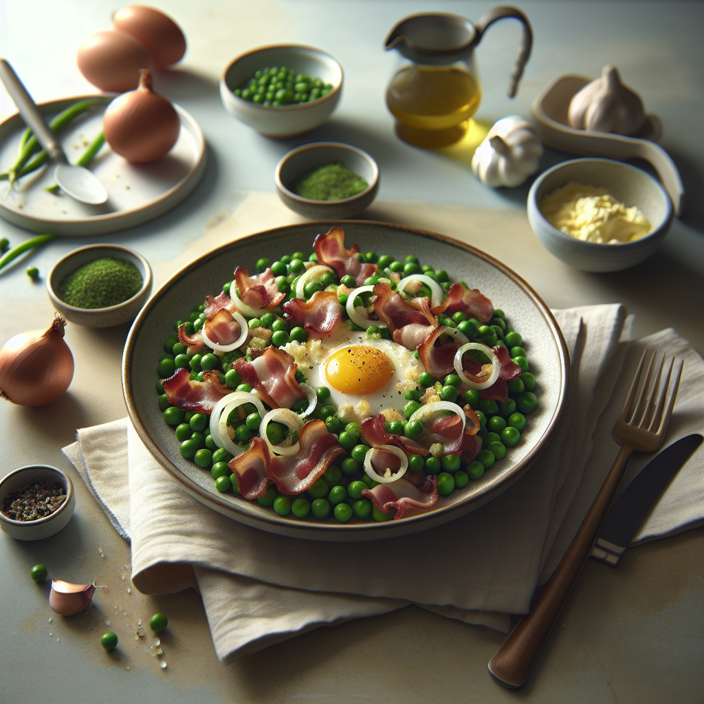 Plato de Guisantes con Bacon, Cebolla, Ajo y Huevo
