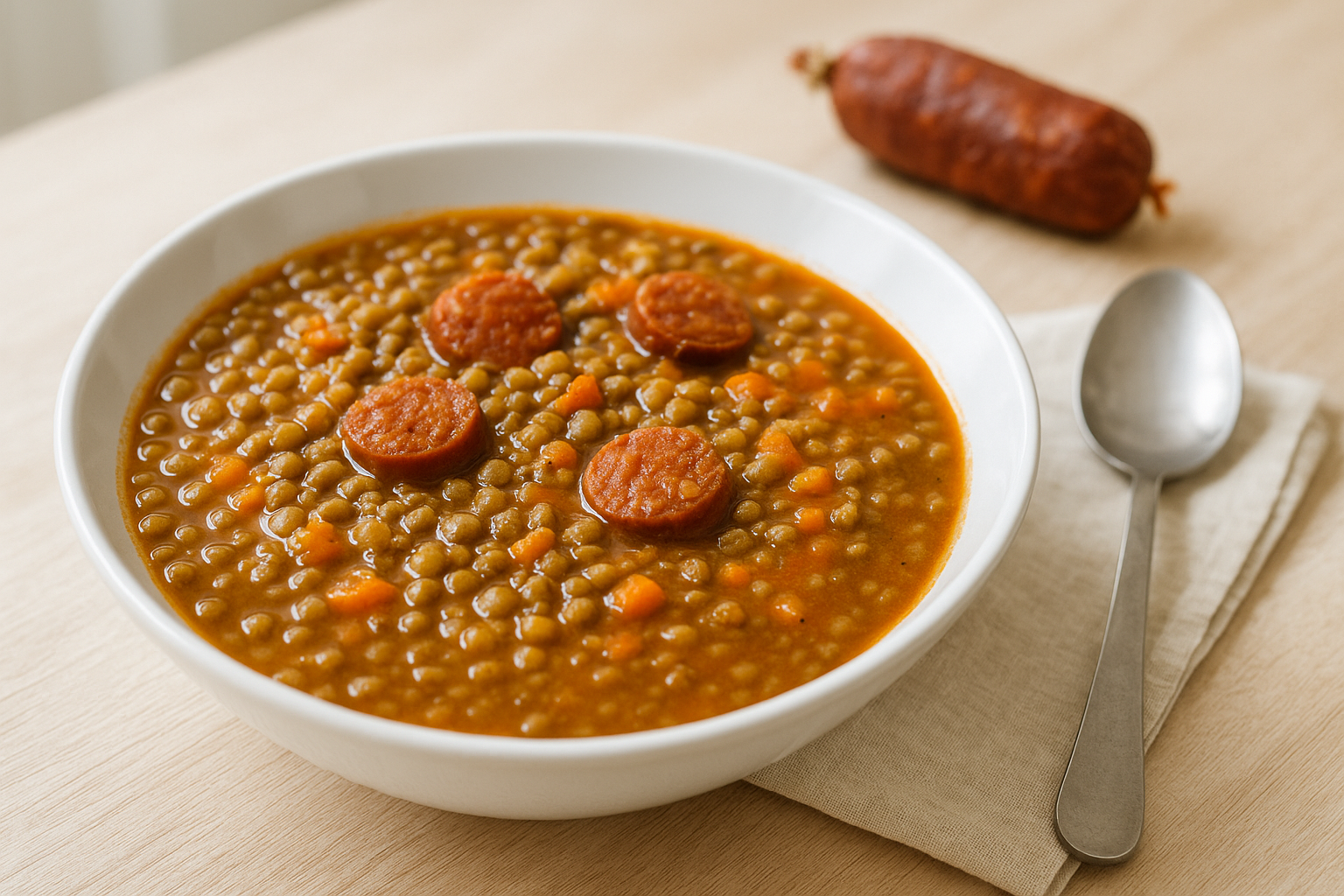 Plato de Lentejas rápidas con chorizo y sofrito irresistibles