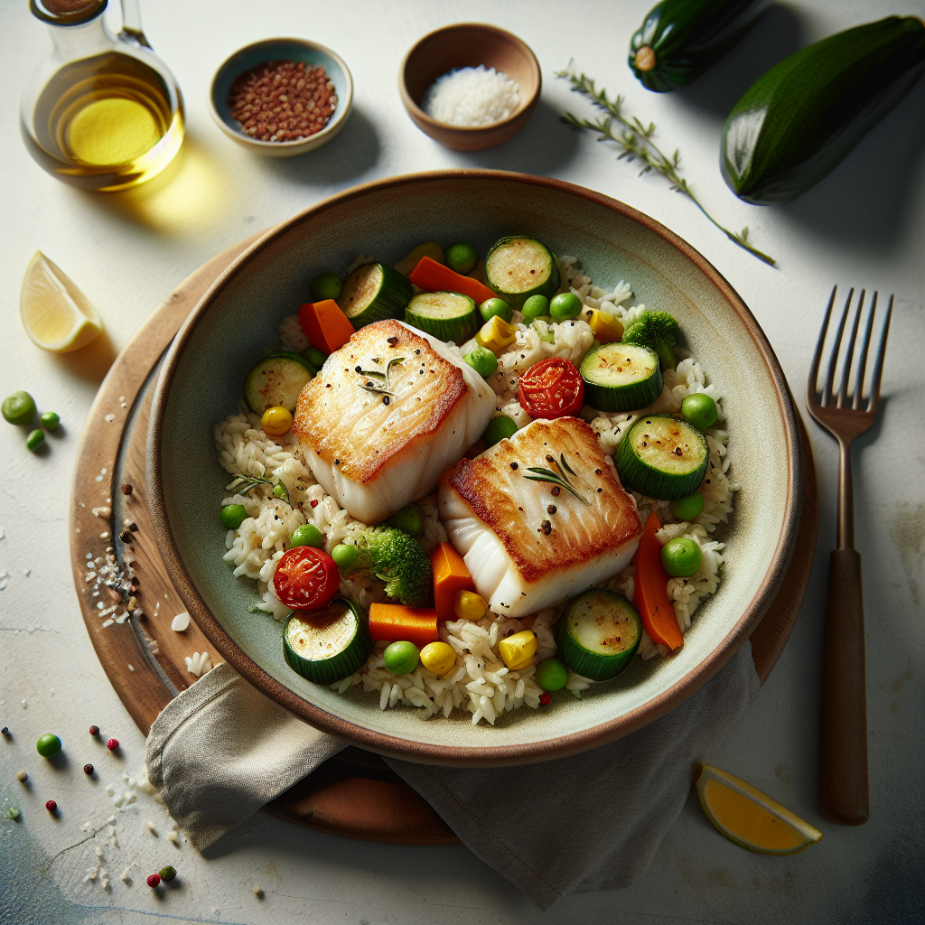 Plato de Medallones de merluza congelados con arroz y verduras