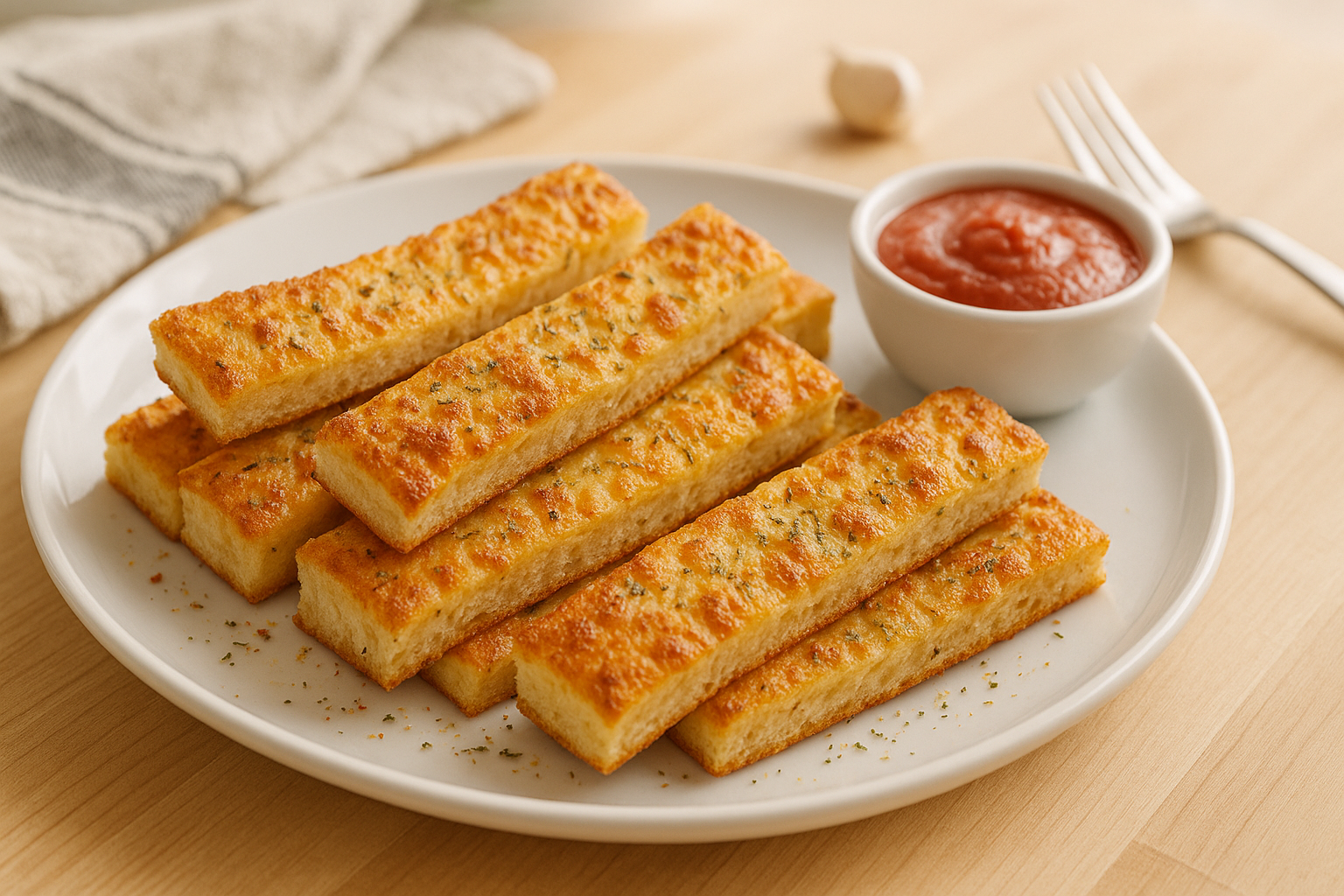 Plato de Palitos crujientes de pan estilo Pizza Hut en freidora de aire