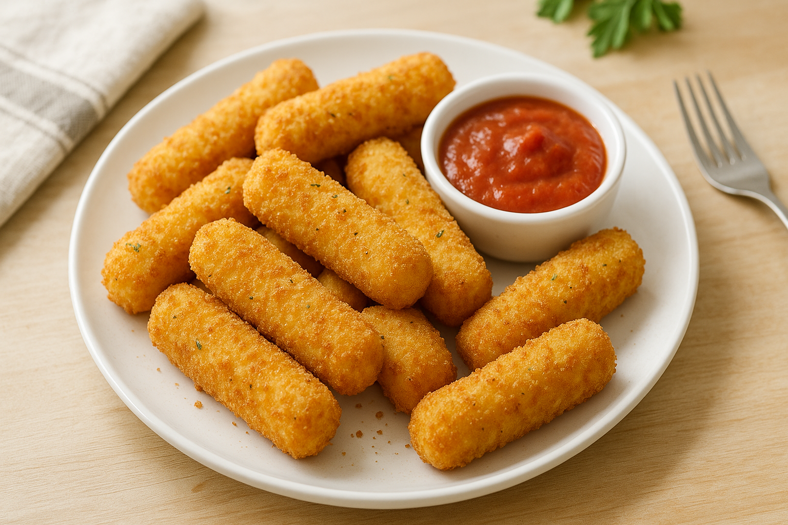 Plato de Palitos de mozzarella crujientes en freidora de aire
