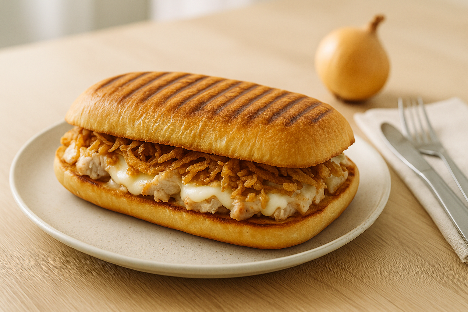 Plato de Panini de Pollo con Mozzarella y Cebolla Crujiente en Air Fryer