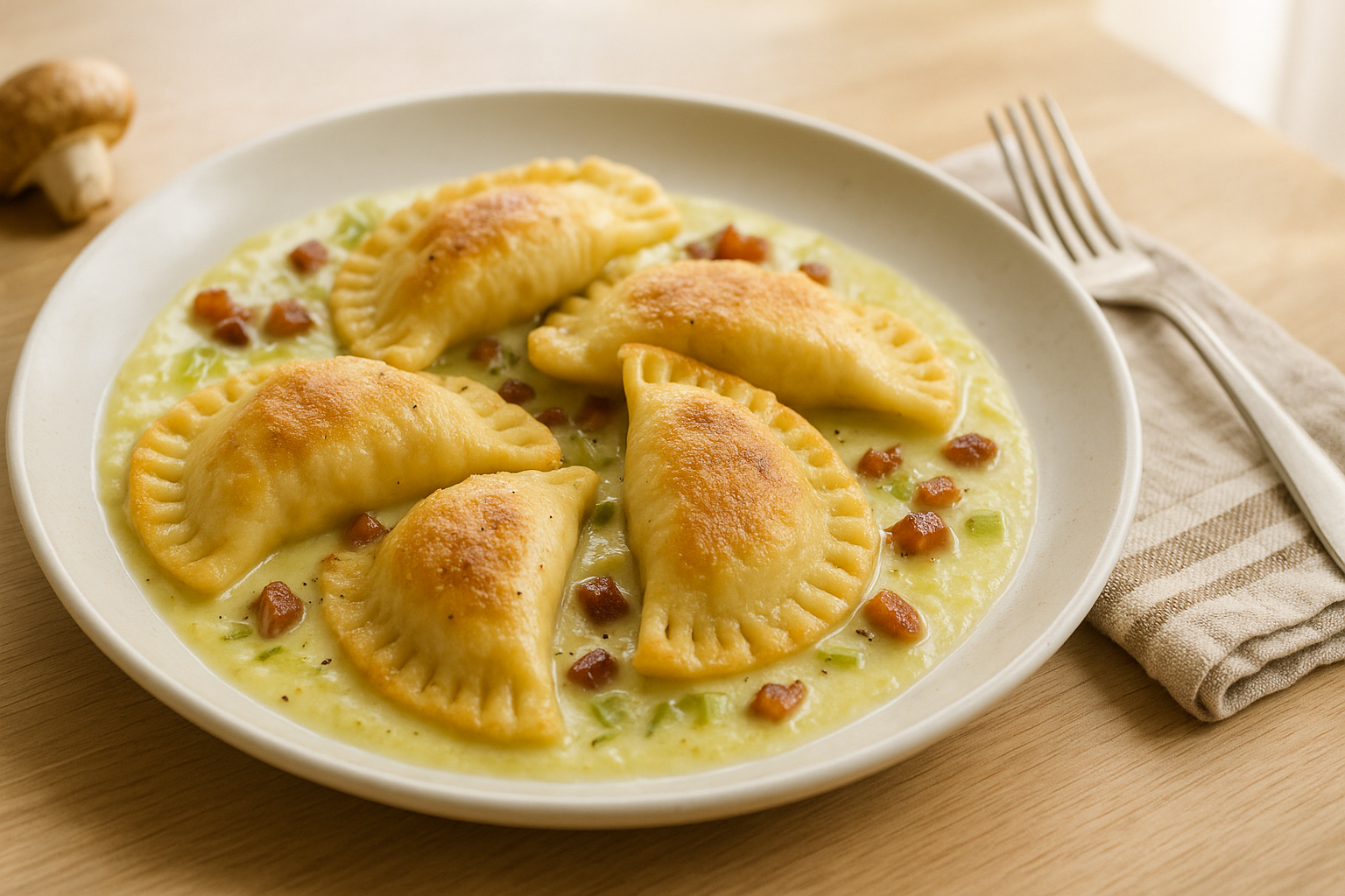 Plato de Irresistible Panzerotti de Setas Porcini y Ricotta con Salsa de Puerro y Guanciale