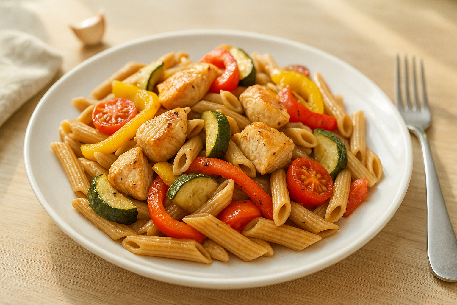 Plato de Pasta Integral con Pollo y Verduras Asadas: Un Éxito Nutritivo