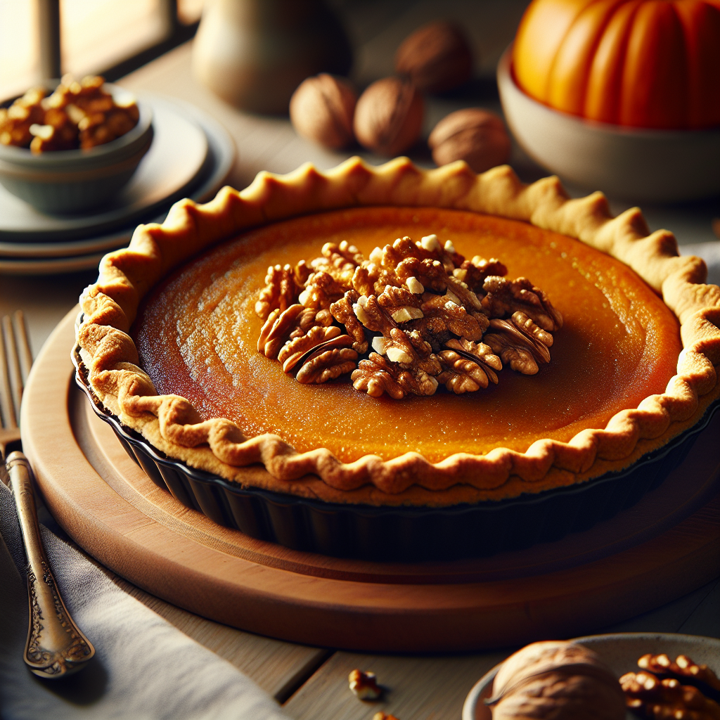 Plato de Delicioso pastel de calabaza con nueces crujientes