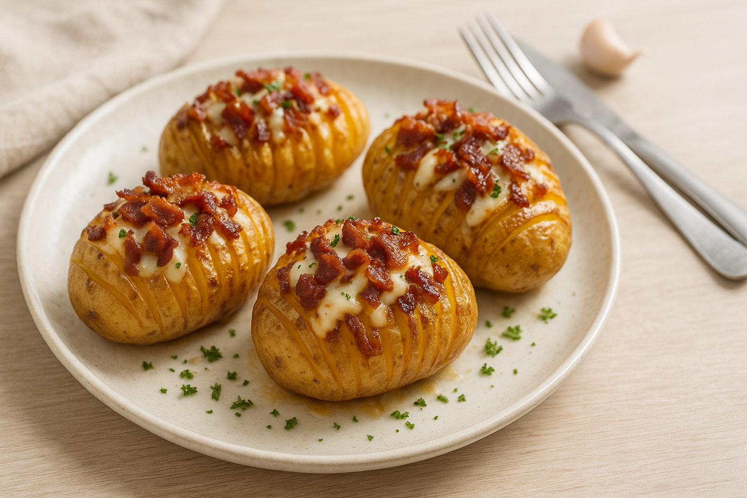 Plato de Patatas Hasselback con Queso y Bacon Crujiente en Freidora de Aire