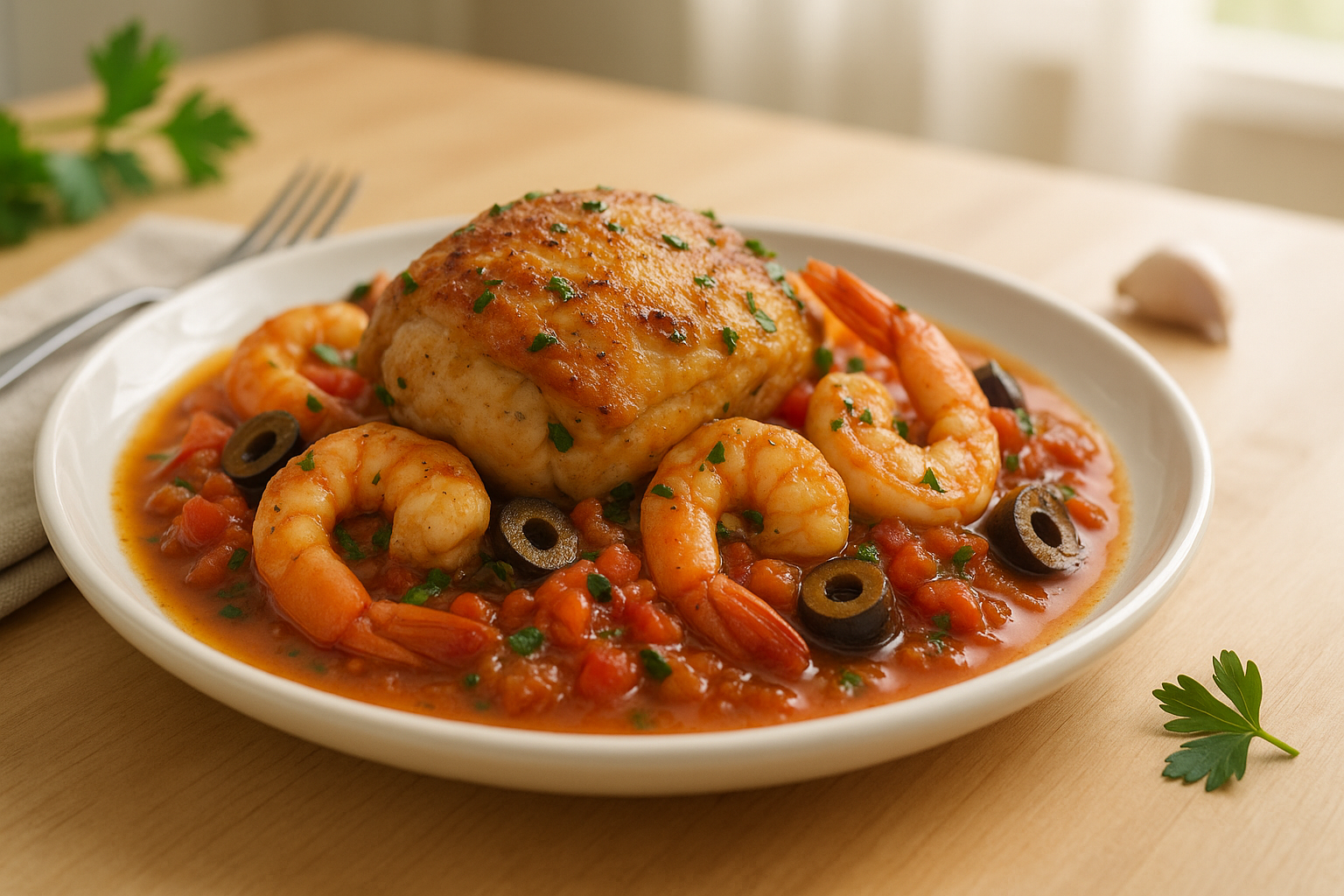 Plato de Delicioso Pollo con Langostinos al Estilo Mediterráneo