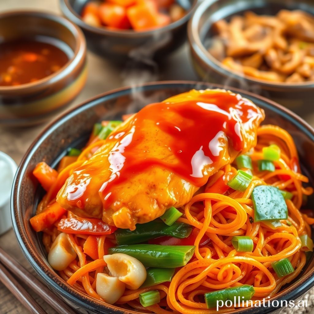 Plato de Pollo con Salsa Coreana, Verduras y Noodles de Boniato