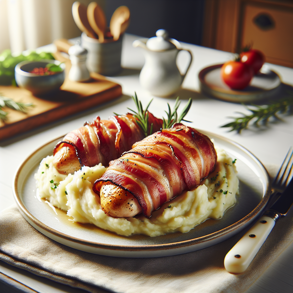 Plato de Delicioso Pollo Envuelto en Bacon con Puré de Patatas