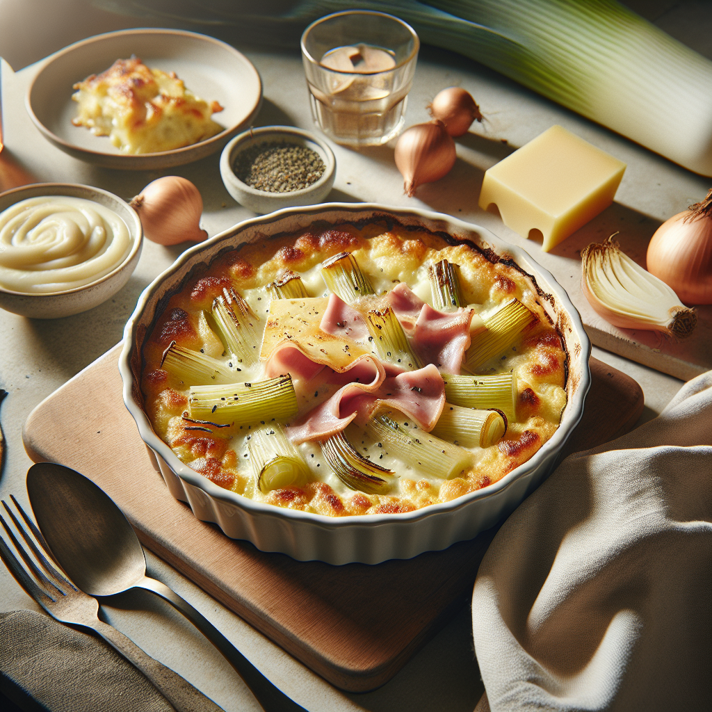 Plato de Puerros gratinados con jamón y queso