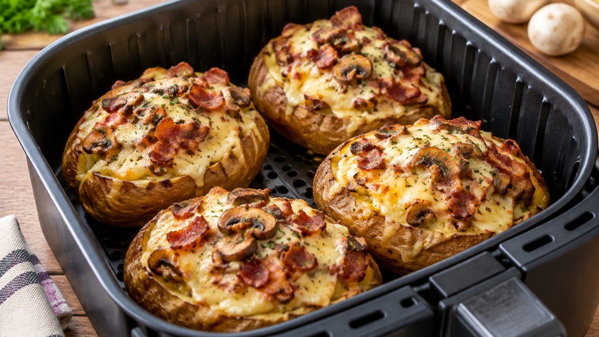 Plato de Patatas rellenas crujientes de bacon, champiñones y queso en airfryer