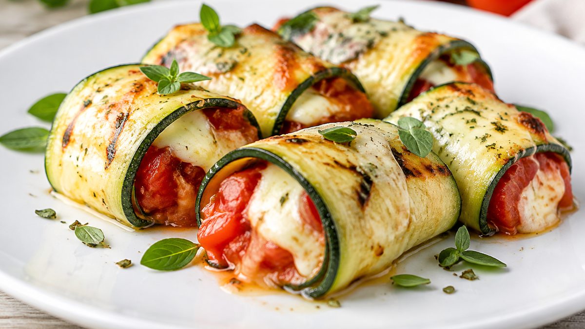 Plato de Rollitos de calabacín rellenos de tomate y mozzarella en air fryer
