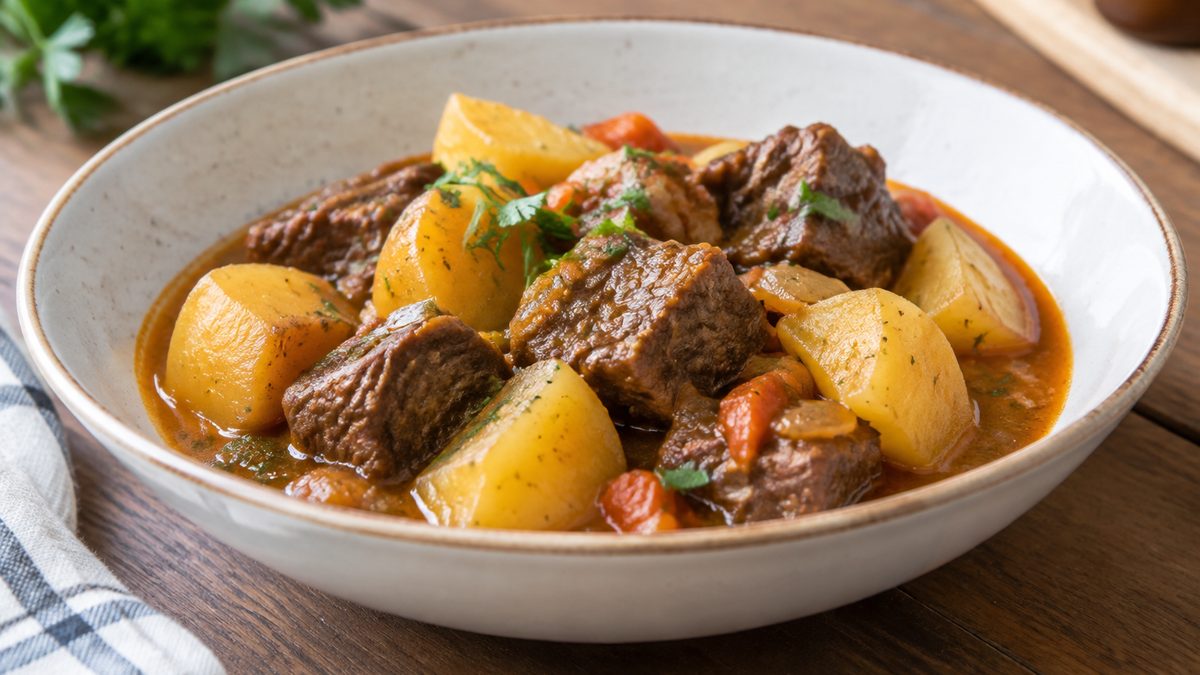 Plato de Deliciosas Patatas Guisadas con Carne que Sorprenderán a Todos