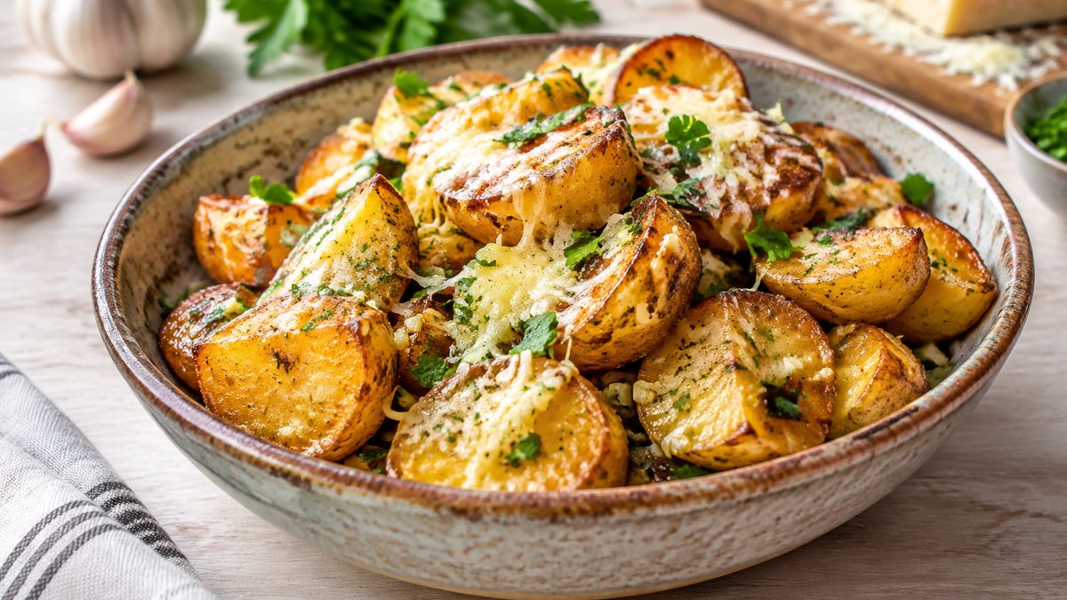 Plato de Patatas al ajillo y parmesano en air fryer