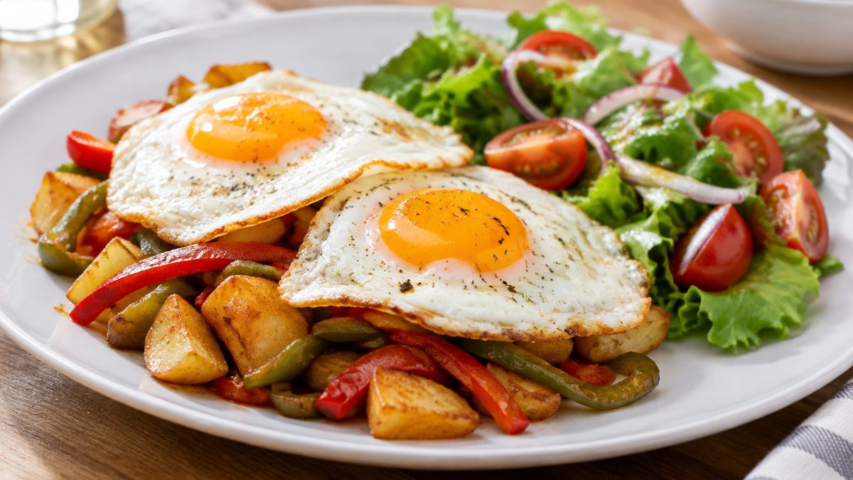 Plato de Huevos Fritos con Patatas y Pimientos Verdes
