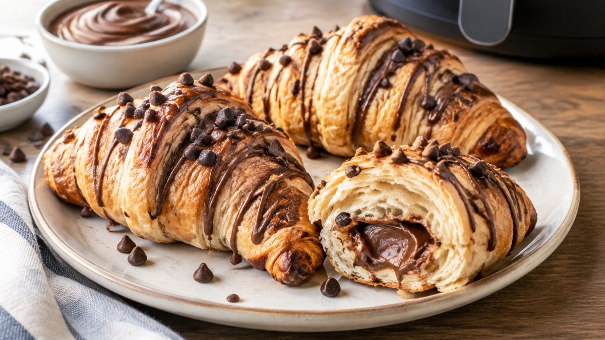 Plato de Croissant de Nutella con chispas de chocolate en freidora de aire