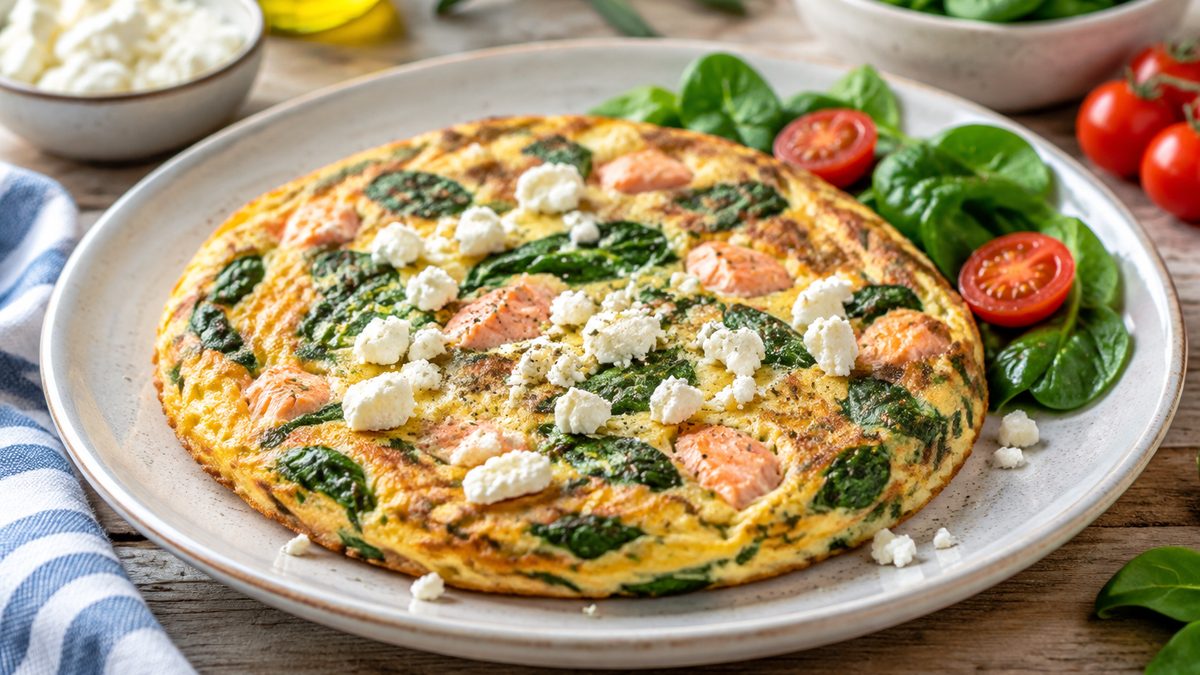 Plato de Tortilla de salmón, espinacas y queso feta en air fryer