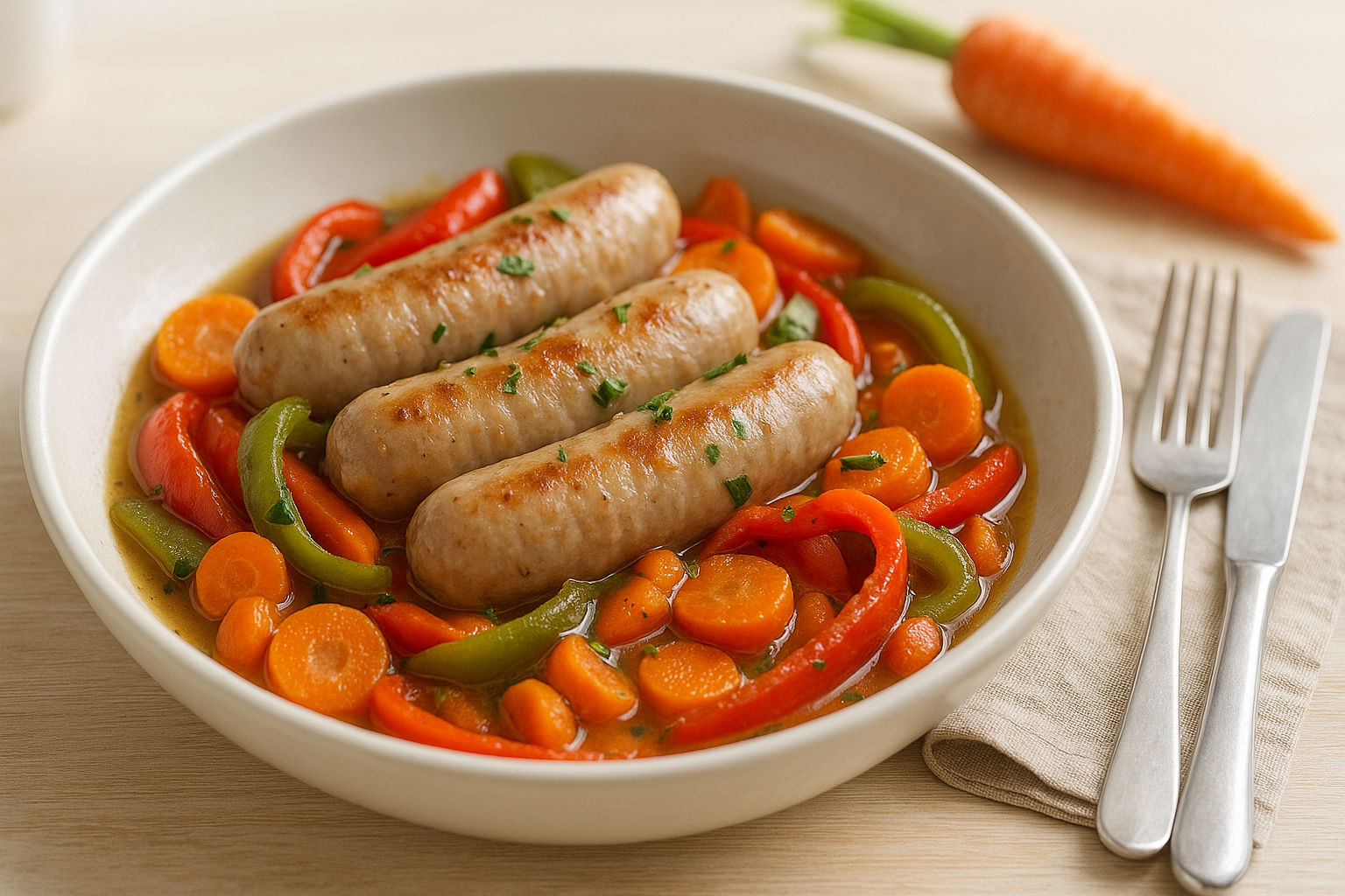 Plato de Salchichas Frescas al Vino Blanco con Pimientos y Zanahorias