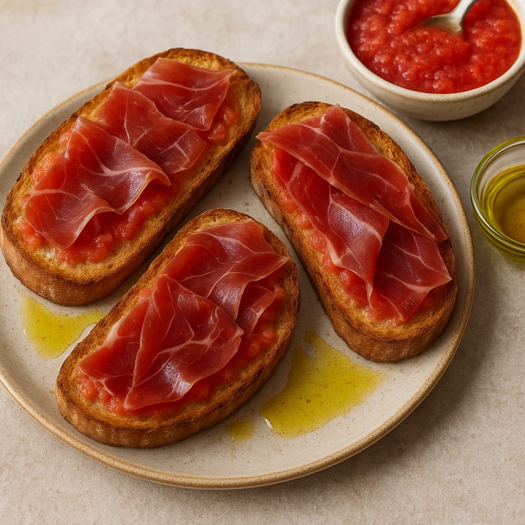 Plato de Tostadas con Aceite, Tomate Triturado y Jamón Serrano